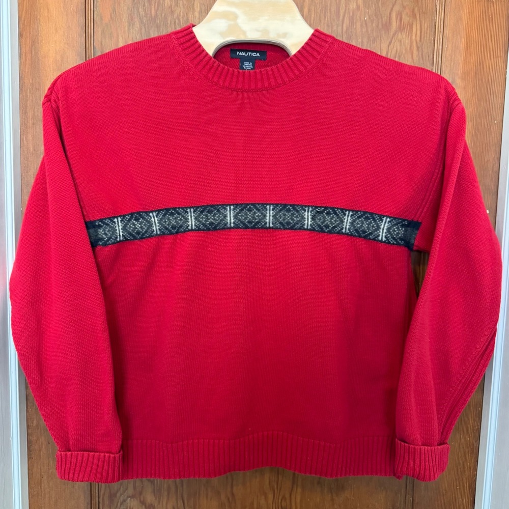 Vintage Nautica Men's Red Crew Neck Sweater Fair Isle Pattern L 90s Y2K Wool - Picture 2 of 7